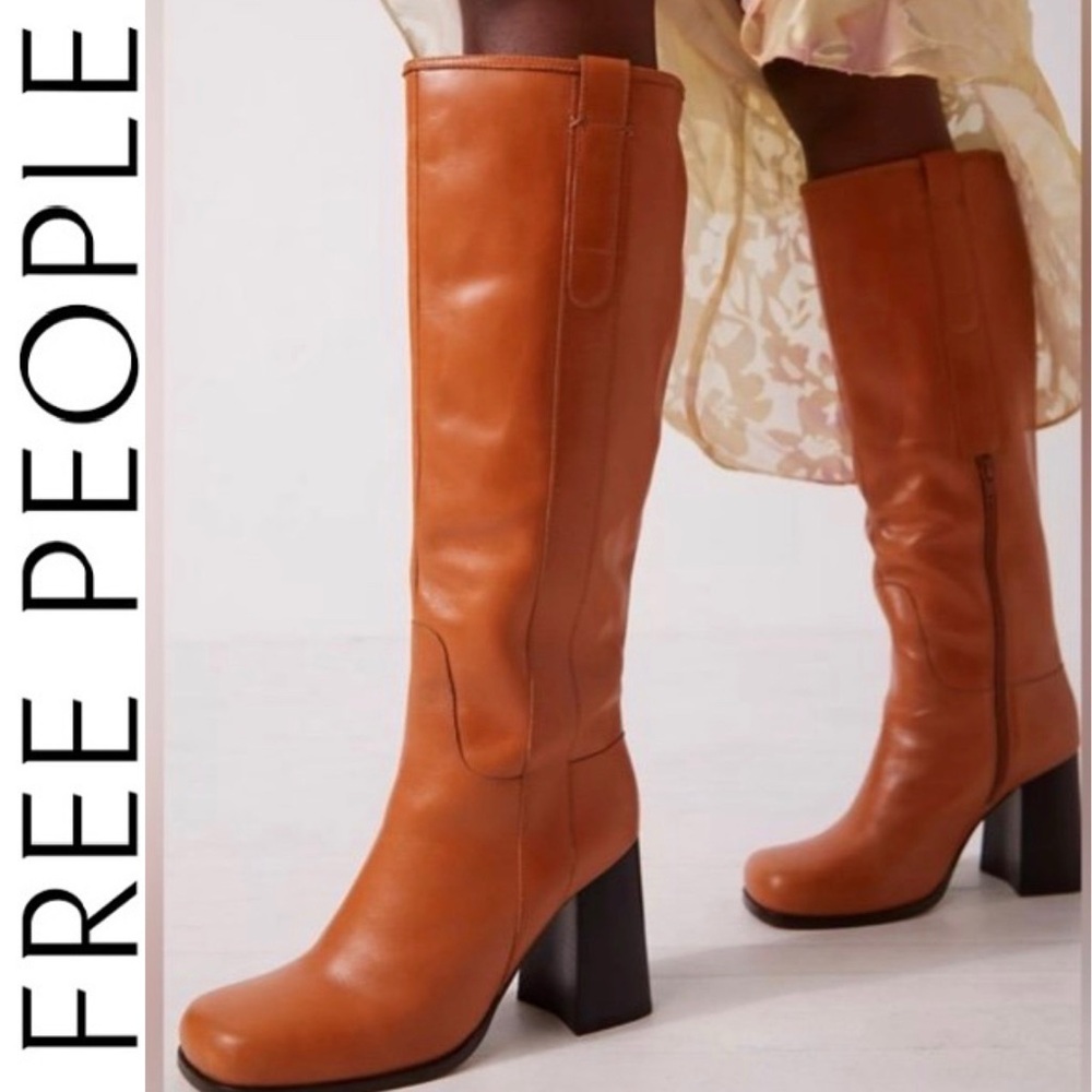 NEW Free People Naomi Tall Leather Heeled boots in Tuscan Tan Leather 6.5